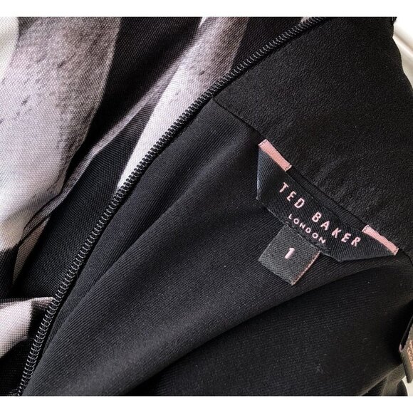 Ted Baker Jersey Knit Black & White Print Pleat Wrap Dress Size 1 XS - Picture 6 of 6